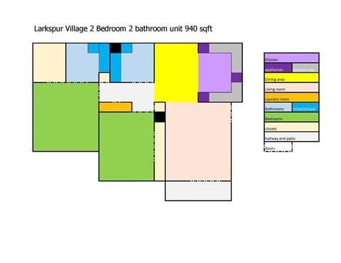 Floor plan for 2 beds, 2 baths, 940 sqft
